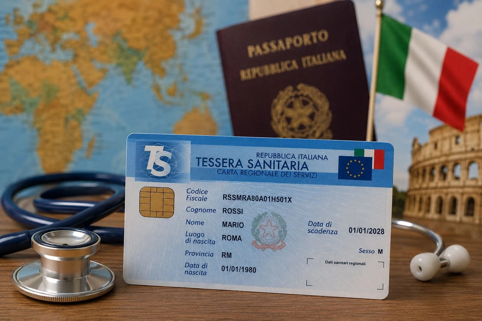 Imagen generada con IA de una tarjeta sanitaria italiana junto a un estetoscopio, un pasaporte y una bandera de Italia.