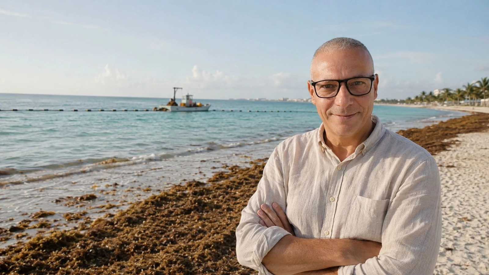 Hombre con gafas en una playa con sargazo en la orilla y una embarcación junto a una barrera flotante al fondo.