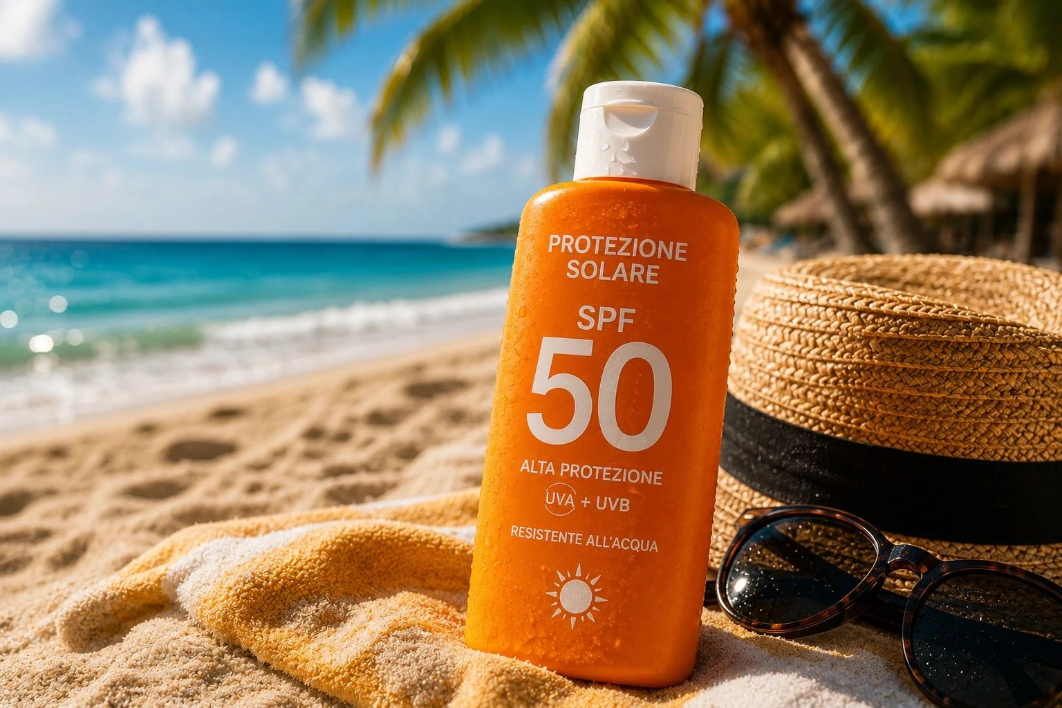 Botella naranja de protector solar SPF 50 sobre una toalla en la playa, junto a un sombrero y unas gafas de sol.