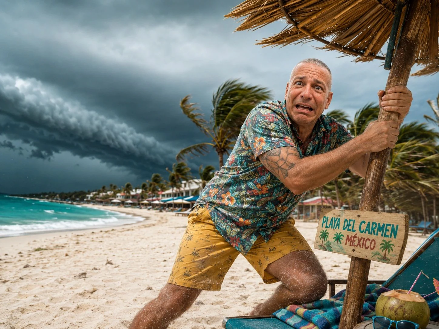 Hombre sujetándose al poste de una palapa en la playa, con palmeras inclinadas y nubes de tormenta al fondo.