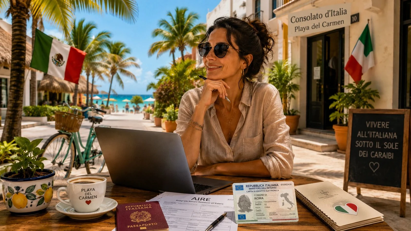 Mujer con portátil y documentos italianos en una mesa al aire libre, frente a un letrero de consulado.