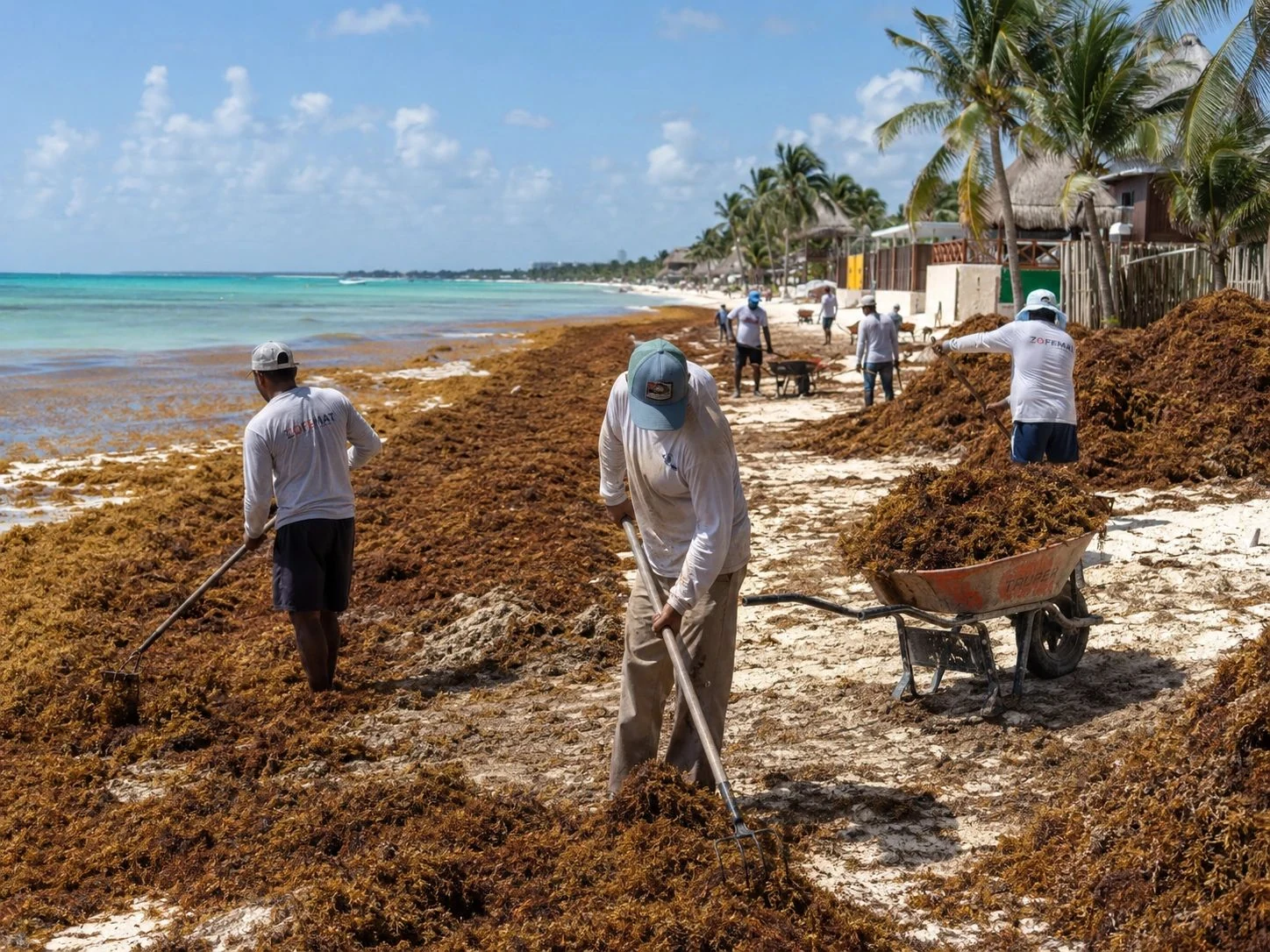 Personas recogiendo sargazo con rastrillos y carretillas en una playa bordeada de palmeras.