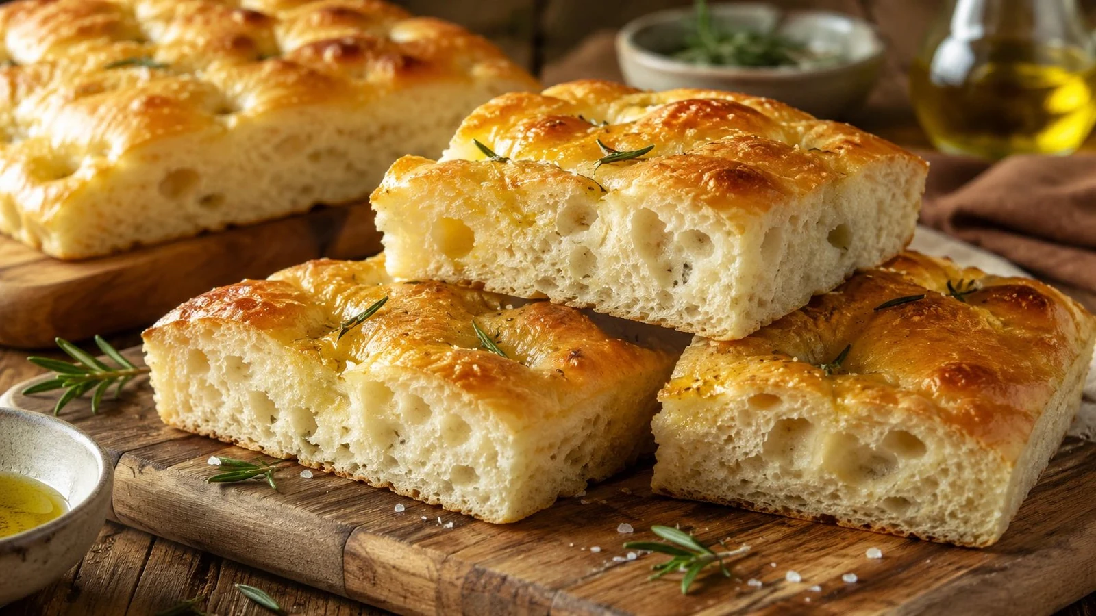 Focaccia dorada cortada en trozos sobre una tabla de madera, con romero, sal y aceite de oliva alrededor.