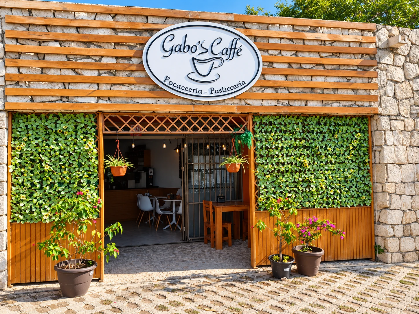 Entrada de Gabo's Caffè en Plaza Chacah, Playa del Carmen